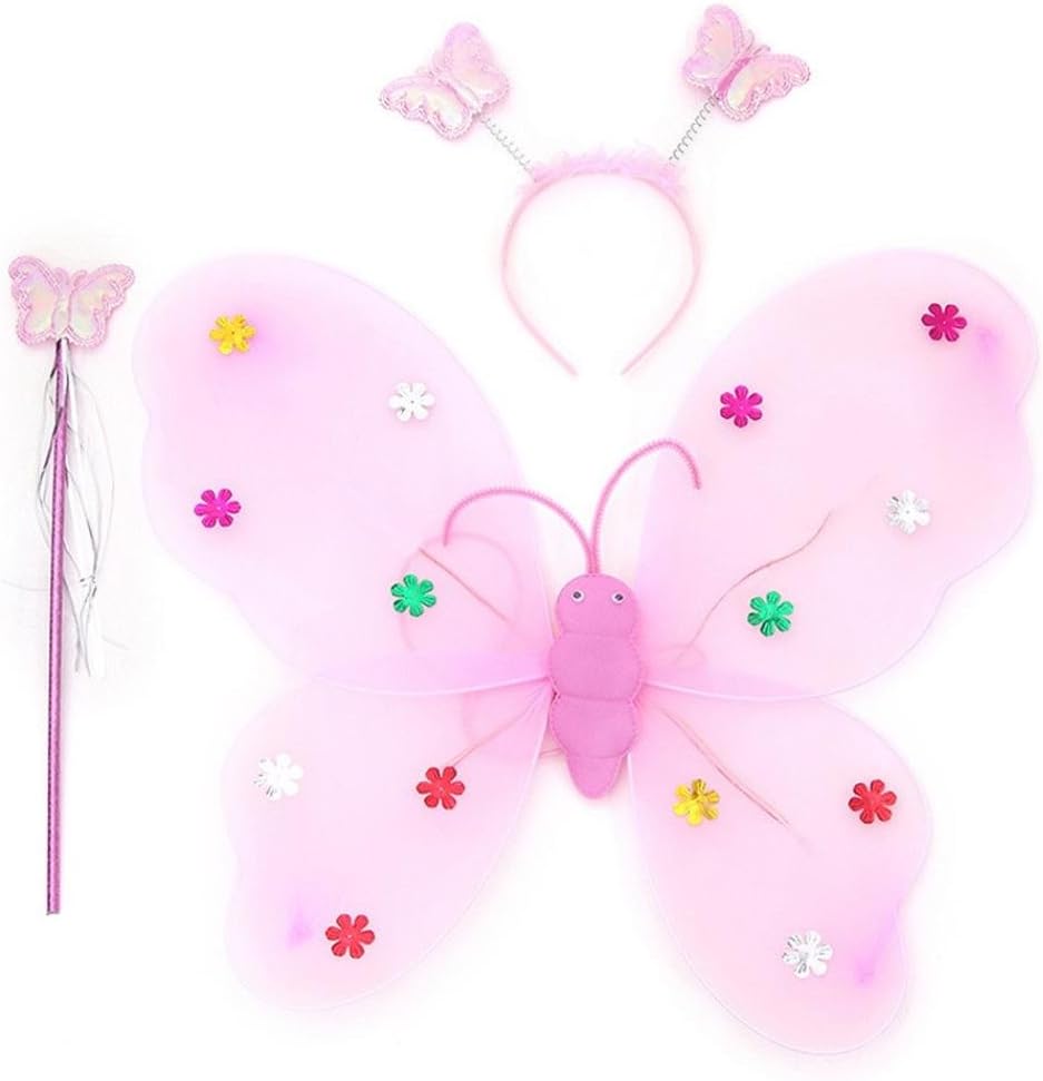 JoyJay 3pcs/Set Girls Glitter Led Flashing Light Fairy Butterfly Wing Wand, Girls' Kids' Children's Dress-Up Fancy Dress (Pink)