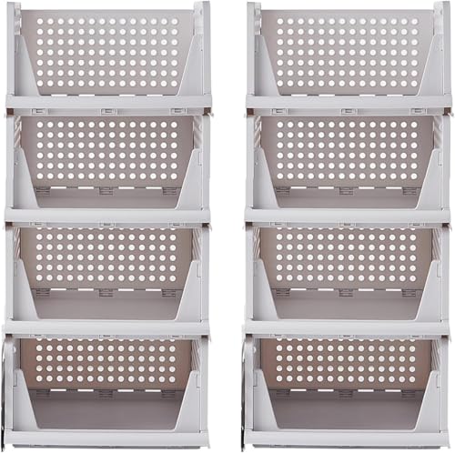 RMAN 8 x Foldable Stackable Plastic Storage Box for Clothes, Trousers, Bedrooms, Dressing – White