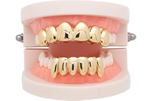 Psivika Gold Plated Shiny Hip Hop Teeth Grillz Caps Iced Out CZ Top and Bottom Vampire Fangs Grillz for Men and Women