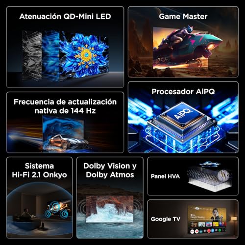 75T8D Televisor 75 Pulgadas QD-Mini LED 4K Smart TV, Gaming TV, 144Hz Game Accelerator 288Hz FHD, FreeSync Premium, Dolby Vision & Atmos, HDR10+, Onkyo 2.1, Google TV, Game Master