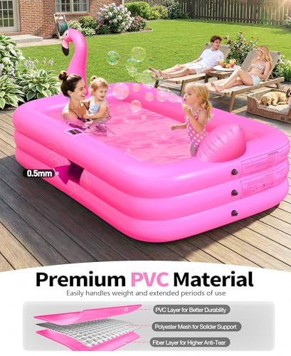 PoolLeader Piscina Hinchable Adultos, Flamenco Piscina Hinchable Rectangular con Luces Solar, Adopta un Material de PVC Grueso & Duradero, 254x160x50cm Piscinas Inflable Familiar Grande para Jardin