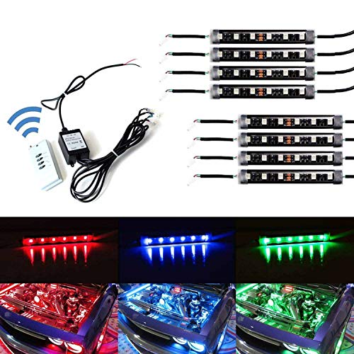 iJDMTOY 8-Piece Universal Fit 48-LED RGB Multi-Color LED Engine Bay or Under Car Ambient Decorational Lighting Kit w/ Wireless Remote Control