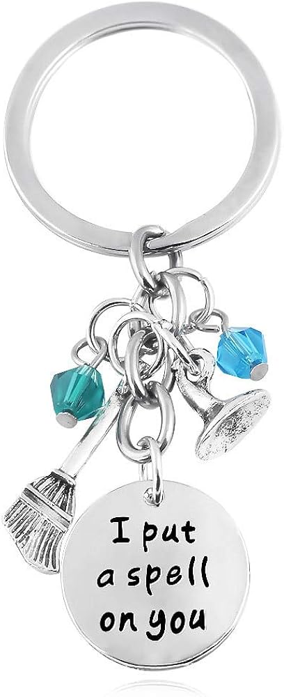 Art Attack Silvertone I Put A Spell On You It's Just A Bunch of Hocus Pocus Witches Broomstick Hat Halloween Black Beaded Pendant Keychain