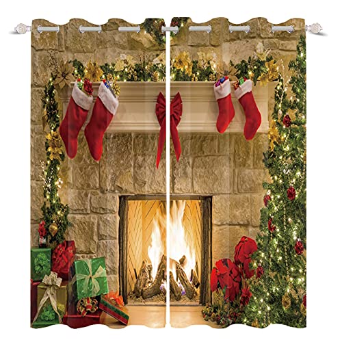 DORCEV Christmas Kitchen Curtains Warm Fireplace Red Christmas Stocking Gifts Window Curtains for Living Room Bedroom Decor Burning Firewood Glitter Christmas Tree Blackout,53x72 inch,2 Panels at Amazon
