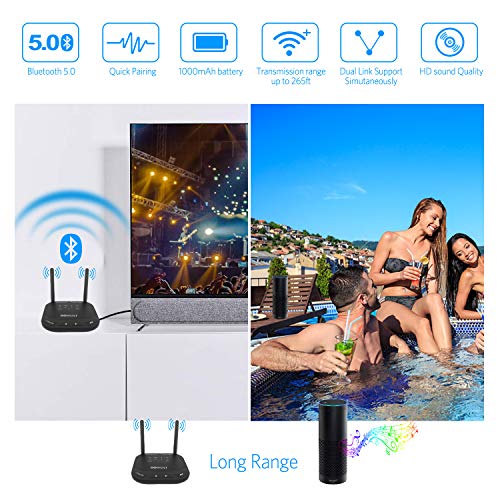OOWOLF Bluetooth 5.0 Transmitter Receiver, 3-in-1 3.5mm Stereo Aux Adapter Low Latency with APTX HD APTX 2 Devices Simultaneously, for TV/Home Sound System, Pairs Two Headphones - Thumbnail 3