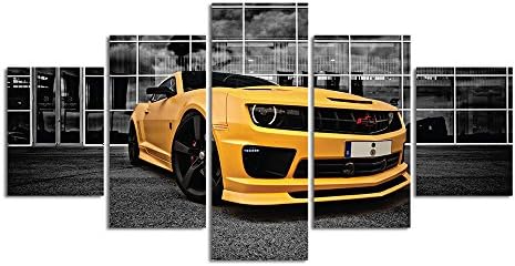 Meigan Art 5 Pieces Yellow Sports Car Wall Art Picture Home Decoration Living Room Canvas Print Painting Wall picture on canvas
