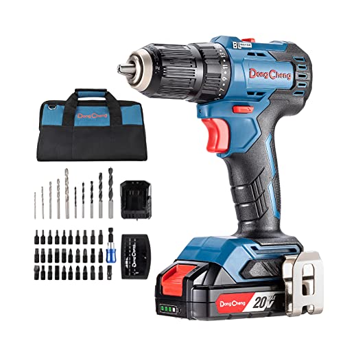 DongCheng 18V Akku-Bohrschrauber Bürstenloser,20+1,13mm Schnellspannbohrfutter 50N.m.Akku-Bohrschrauber(0-600/2000RPM) mit 2,0Ah Li-Ionen-Akku,mit 42-teiligem Bohr/Schraubersatz,DCJZ2050