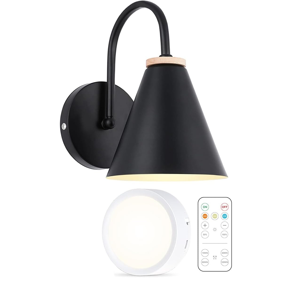 Photo 1 of BIMEAN Battery Operated Black Faux-Wood Industrial Wall Sconce, Easy to Install Not Wires, Remote Control Dimmable LED Light Bulb, Dimmable Wall Lamp Fixtures for Bedroom Farmhouse Gallery (1 Pack)