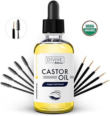 2 oz Castor Oil 100% Pure USDA Organic Cold Pressed Hexane Free - Set of 10 Brushes for Eyeliner & Eyelash - Lash Growth Serum - Stimulate Longer Thicker Eyelashes & Eyebrows - Vitamin E Oil