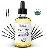 2 oz Castor Oil 100% Pure USDA Organic Cold Pressed Hexane Free - Set of 10 Brushes for Eyeliner & Eyelash - Lash Growth Serum - Stimulate Longer Thicker Eyelashes & Eyebrows - Vitamin E Oil