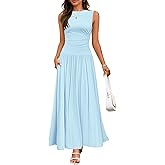 ZESICA Women's Summer Sleeveless Maxi Dress 2026 Casual Crewneck Pleated Flowy Long Dress with Pockets