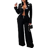 Tcremisa Women Suits 2 Piece Set Business Casual Outfits Collared Blazer and Dressy Wide Leg Pants Suit for Work Office