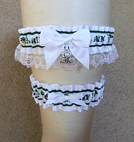 Army Soldier Wedding Garter Set in White Green and Brown with I <3 My Soldier Charm