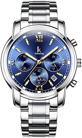 GOHUOS Men's Quartz Chronograph Sub Dials Auto Date Analog Stainless Steel Wrist Watches silver blue