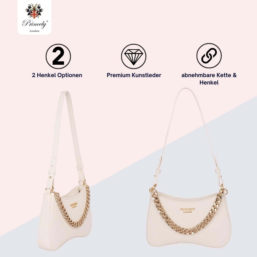 Princely London Schultertasche Nelly - Stylische Handtasche Damen - Elegante Tasche mit Reißverschluss & Innenfach - Offwhite