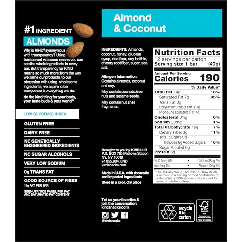 KIND NUT BARS, ALMOND & COCONUT, HEALTHY SNACK BARS, GLUTEN FREE, LOW SODIUM, 3G PROTEIN, 12 COUNT