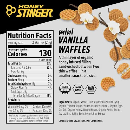 HONEY STINGER ORGANIC MINI VANILLA WAFFLES, ENERGY STROOPWAFEL FOR EXERCISE, ENDURANCE AND PERFORMANCE, SPORTS NUTRITION FOR HOME & GYM, PRE AND POST WORKOUT, 1 BAG, 5.3 OUNCES
