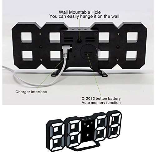 LED Digital Alarm Clock For Desk / Shelf / Tabletop, Modern Home Decoration 3D Wall Clock, Easy To Read at Night, Loud Alarm and Snooze, Big Digit Display (Black Frame, White Light) - Thumbnail 3
