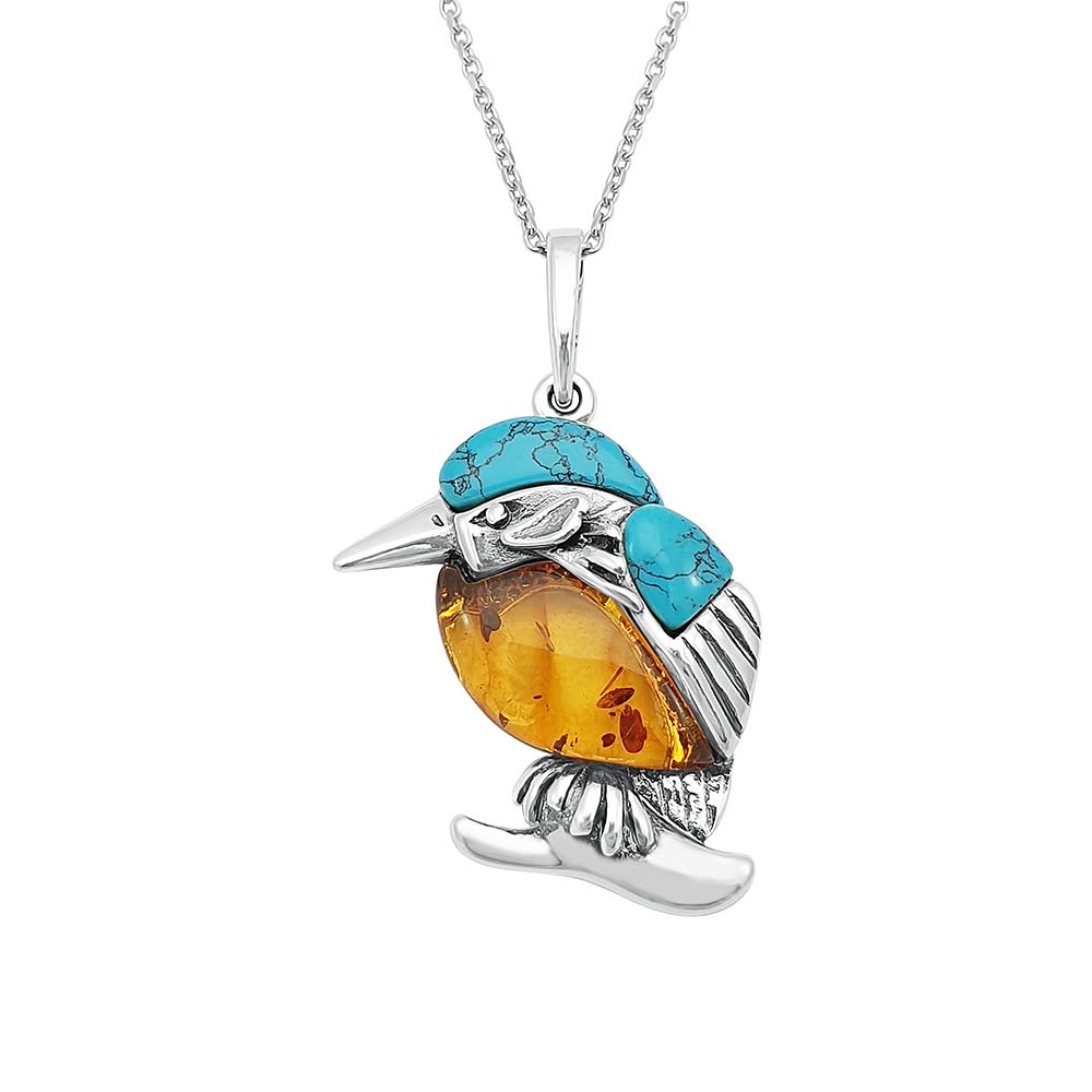 Kiara Jewellery Sterling Silver Multicolour Kingfisher Bird Pendant Necklace Inset With Baltic Amber And Turquoise on 18" Sterling Silver Chain
