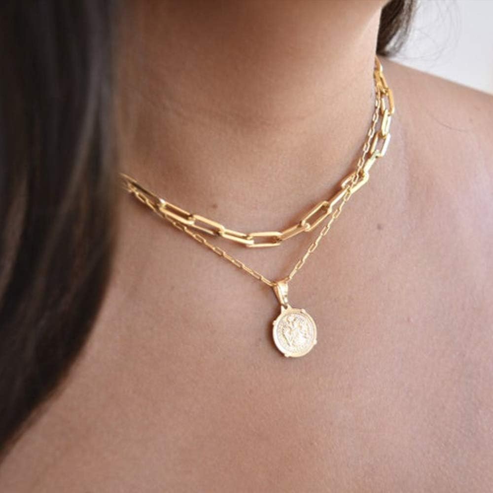 Gold Link Choker Necklaces for Women - 14K Gold Coin Chain Set Link Chain Necklace Set Link Chain Thick Layering Chain Necklace for Women: Clothing
