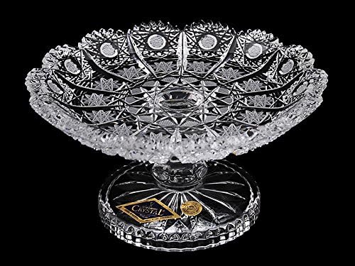 BOHEMIA CRYSTAL GLASS FOOTED PLATE BOWL 5.5"-Dia DECORATIVE WEDDING GIFT CLEAR CRYSTAL PLATTER VINTAGE EUROPEAN DESIGN ELEGANT CENTERPIECE CAKE STAND FRUITS DESSERT CZECH CRYSTAL GLASS