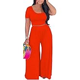 HBQ Two Piece Outfits For Women Casual Sweat Suits Backless Short Sleeve Crop Tops Wide Leg Pants Lounge Sets Tracksuit
