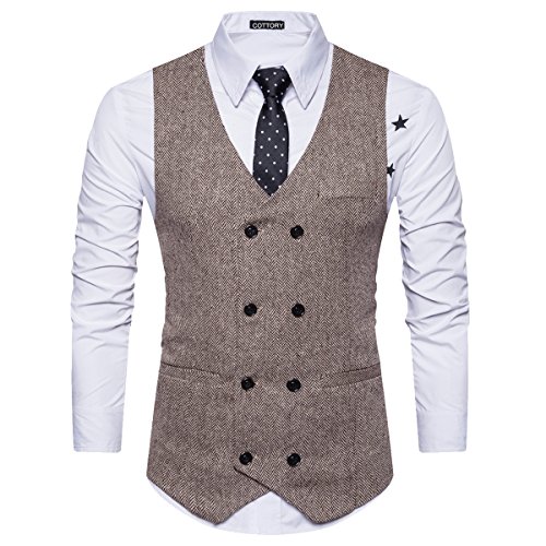 Cottory Men's Vintage Slim Fit Double-breasted Solid Suit Vest Brown Large