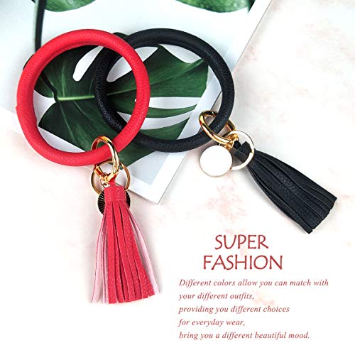 Leather Bracelet Key Ring Bangle Keyring, Tassel Ring Circle Key Ring Keychain Wristlet for Women Girls - Free Your Hands (Black)