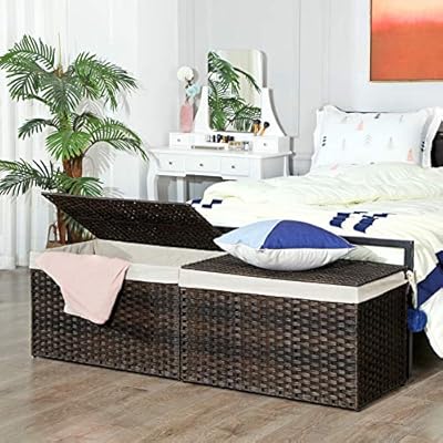 SONGMICS Storage Basket with Lid, Rattan-Style Storage Trunk with Cotton Liner and Handles, for Bedroom Closet Laundry… 51Bg9iMnJUL