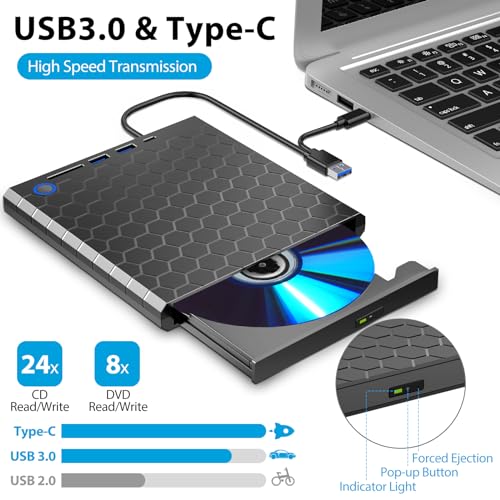 Grabadora CD Lector,Grabadora DVD Externa USB 3.0 y Tipo C, Lector de CD con USB C,2 USB A y Lector Tarjeta SD/TF,Unidad Óptica Externa de CD/DVD Compatible con Windows 11/10/8/7/XP/Vista/Linux/Mac OS