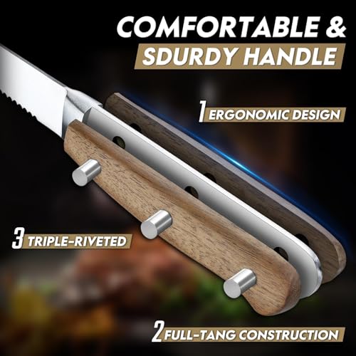 Freelander 6-piece Meat Knife Set, Table Knives with Serrated Edge and Ergonomic Wooden Handle, Sharp Steak Knives for Cutting Steak and Meat