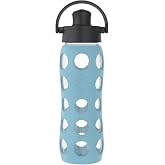 Lifefactory 22oz Glass Water Bottle with Active Cap, Denim | Protective Silicone Sleeve, Spout Cap, Carry Handle, BPA Free, Reusable, Dishwasher Safe