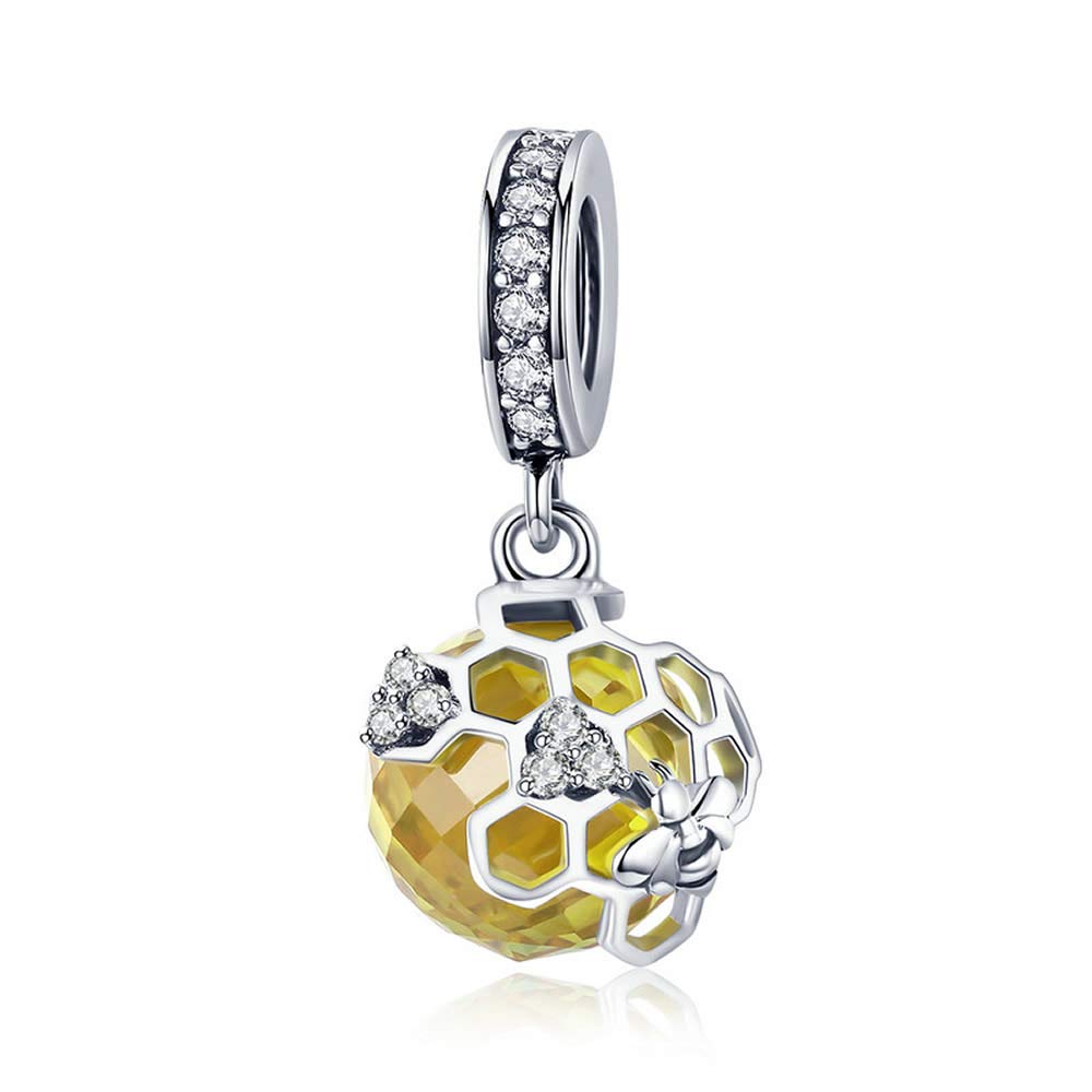 Bijoux Blu Bee Honeycomb Trendy 925 Sterling Silver Honeycomb Bee Pendant Yellow CZ Cubic Zircon Charm fit Charm Bracelet DIY Jewellery