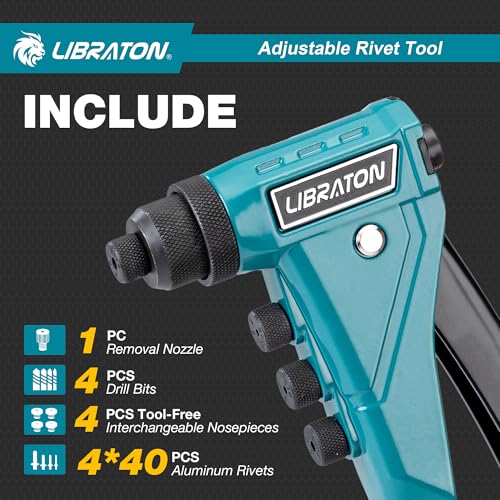 LIBRATON Heavy Duty Rivet Pliers, Pop Rivet Pliers, Professional Manual Riveter Riveting Tool with 160 Rivets, Includes 4 Tips, 4 Interchangeable Nozzles Without Tools, for Repair