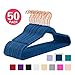 MIZGI Premium Velvet Hangers (50 Pack) Heavy Duty - Non Slip Felt Hangers - Velvet Suit Hanger Mediterranean Blue - Rose Gold Hooks,Space Saving Clothes Hanger