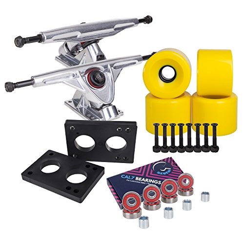 Cal 7 Longboard Skateboard Combo Package with 70mm Wheels & 180mm Lightweight Aluminum Trucks, Bearings Complete Set & Steel Hardware (Silver Truck + Solid Yellow Wheels) - Thumbnail 3