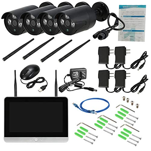 OWSOO 4CH 1080P HD WiFi NVR Kit 11.5” LCD Screen Monitor with 4pcs 1080P 2.0MP Wireless WiFi Waterproof Outdoor Bullet IP Camera Support P2P IR-Cut Night Vision for CCTV Security Surveillance System