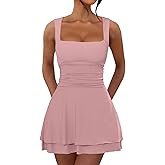OKIFOIR Women's Ruffle Hem Square Neck Mini Dress Sleeveless Ruched Waist Short Formal Party Dresses