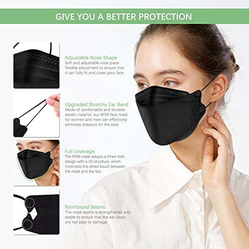 CYCN 55Pcs Black KF94 Face Mask for Adult, 4Ply Protective 3D Fish