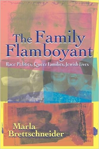 The cover of The Family Flamboyant: Race politics, queer families, jewish lives. The background of the cover is faded images of a queer, jewish family overlaying brightly colored rectangles. 