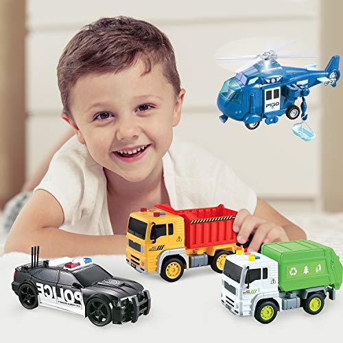 Friction Powered Push and Go Truck Toy - Action City Vehicle Play Set Police Car, Garbage Truck, Construction & Emergency Helicopter Toys for Kids, Boys Ages 2 3 4 5 + Push & Pull w/ Lights & Sounds - Thumbnail 5