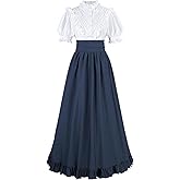 Nuoqi Womens Victorian Dress 2 Piece 1800s Edwardian Costume Vintage Short Sleeve Blouse Long Skirt