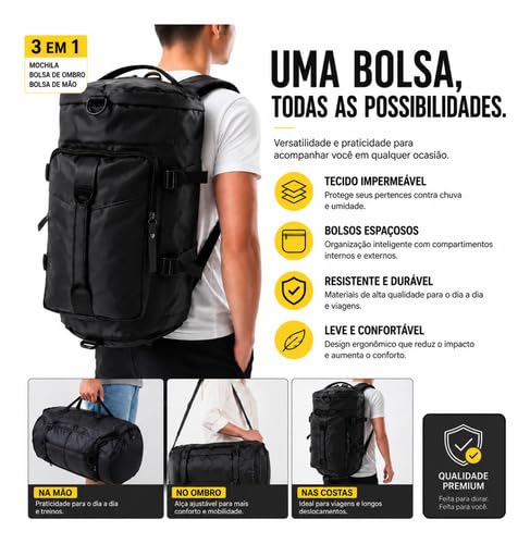 Bolsa Academia Viagem Mochila Porta Tênis Preta 4 em 1 – Alça Transversal e Compartimento de Calçados – Fit Travel Preemier