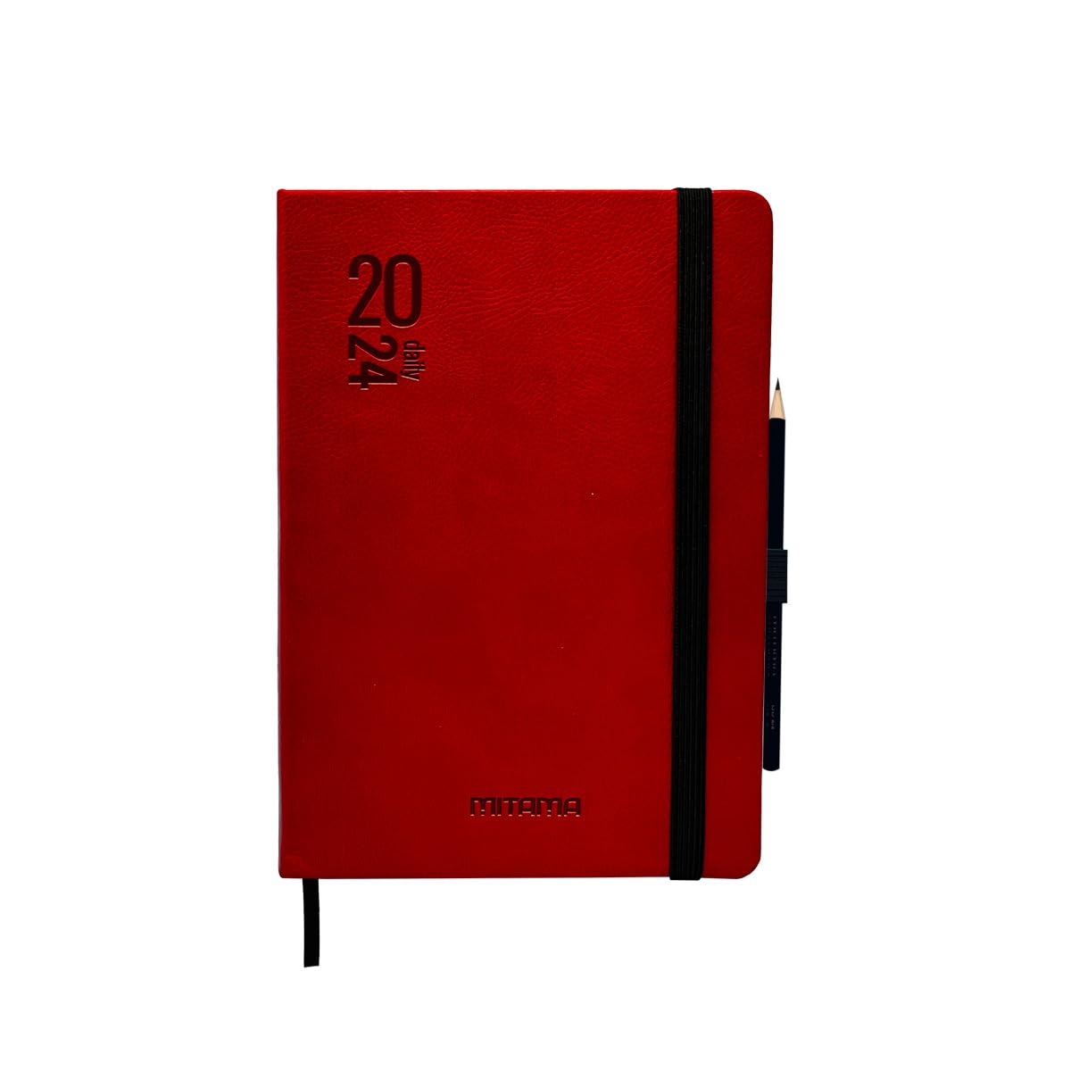 MITAMA Elegance Red Diary - Daily Planner - 12 Months 2024-366 Pages + 66 Extra Contents - Faux Leather Cover + Matching Pencil - 15 x 21 cm