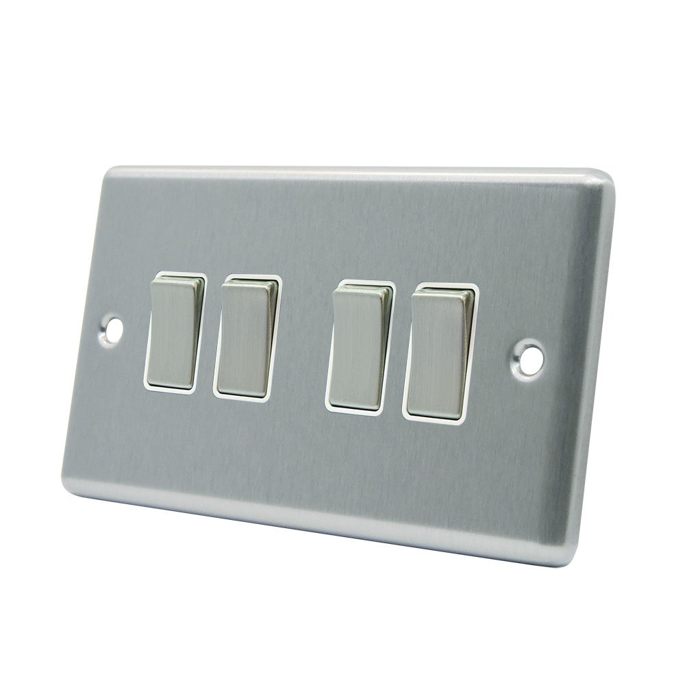 AET CSC4GSWIWS 10 A 4-Gang 2-Way Satin Finish Chrome Classical White Insert Metal Rocker Light Switch