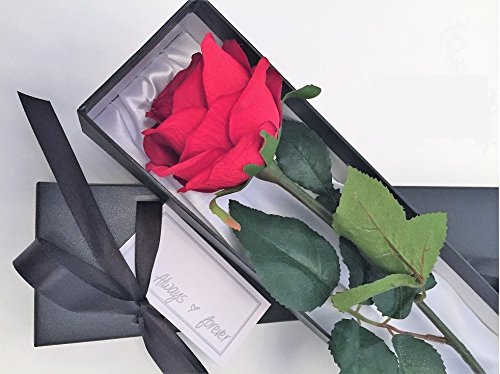 Neofleur Single Stem Romantic Red Rose in a Silk Lined Black Presentation Gift Box including Always & Forever Gift Card. (Grace)
