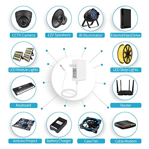ALSISK DC Power Supply 12V 1A 12W Adapter,AC 100-240V to DC 12V Power Cord for LED Strip,Fish Tank,Clock Radio,Scanner,Switch,Wifi Router,ESCAM QD300,T-Com,Speedport+9 Different Plugs-White - Thumbnail 5