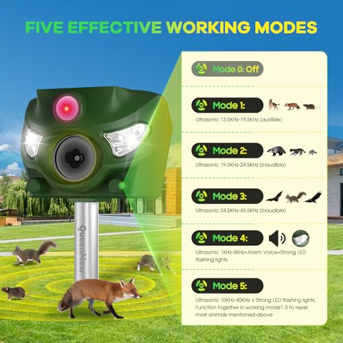 Outdoor Cat Repellent, 5 Modes Ultrasonic Cat Repeller, 26 Feet Solar Outdoor Cat Repellent with Sound Alarm and Flash Lights for Dogs, Deer, Fox, Rabbit, Squirrel, Bird