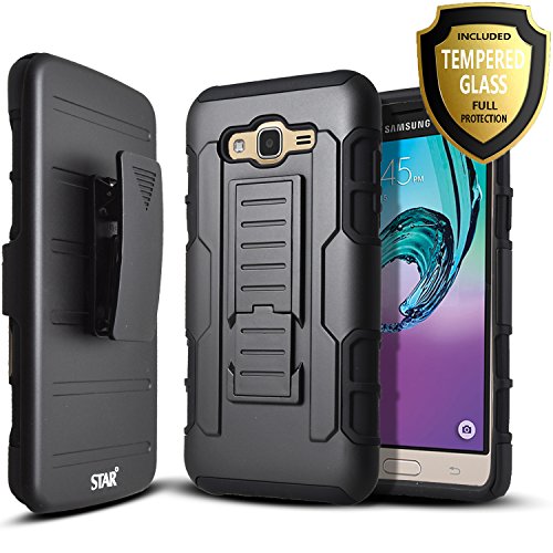 Samsung Galaxy Express Prime / Galaxy Amp Prime Case, Starshop [Heavy Duty] Dual Layers Kickstand Case With [0.33m 9H Tempered Glass Screen Protector Included] and Locking Belt Clip (Black)