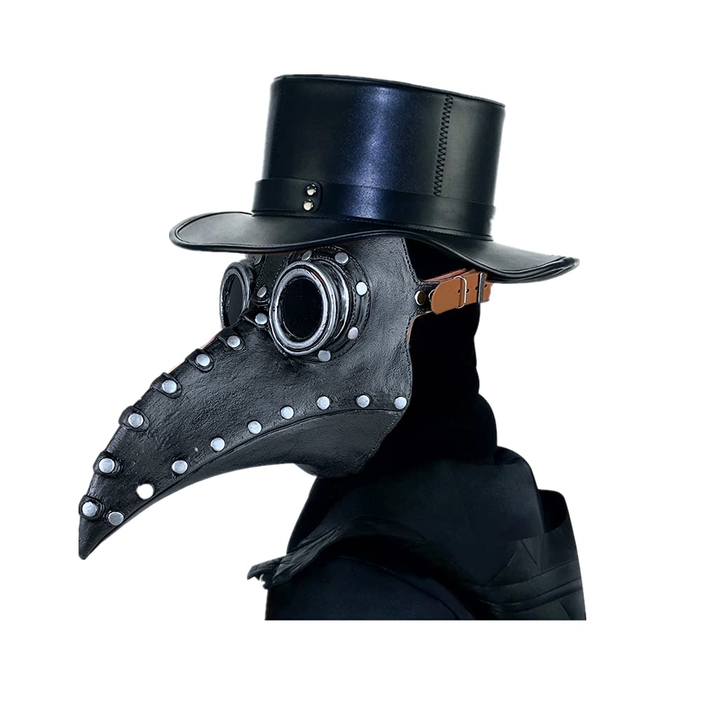 Nircho Plague Doctor Mask, Latex Black Long Nose Bird Beak Mask Halloween Props Costume Rivet Steampunk Gothic Cosplay Retro Bird Mask for Masquerade Halloween Party Carnival, Adults Kids, Black